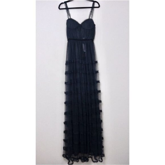 NWT Sau Lee Camille Tulle Ruffle Gown 4 Black Sheer Tiered Bustier Aline - Picture 4 of 14